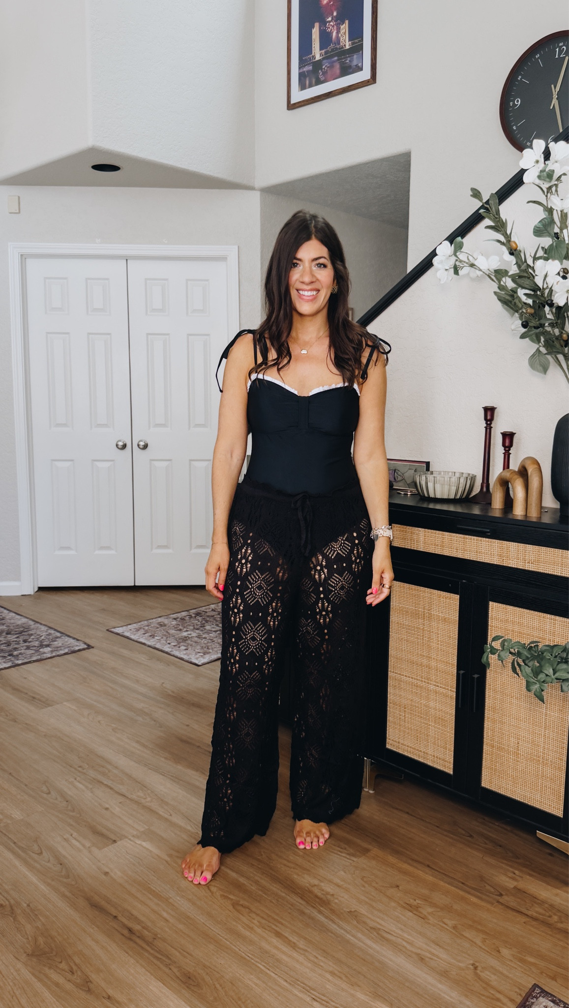 In a large one nice swimsuit and large crochet coverup pants

#LTKSwim #LTKMidsize #LTKSaleAlert