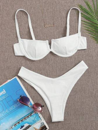 SHEIN Swim Summer Beach Rib Underwire High Cut Bikini Swimsuit | SHEIN