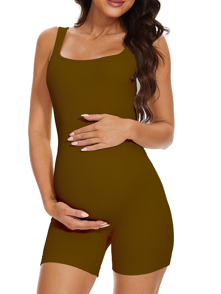Maternity Workout Romper Pregnancy Yoga Ribbed One Piece Seamless Tank Top Jumpsuit | Amazon (US)