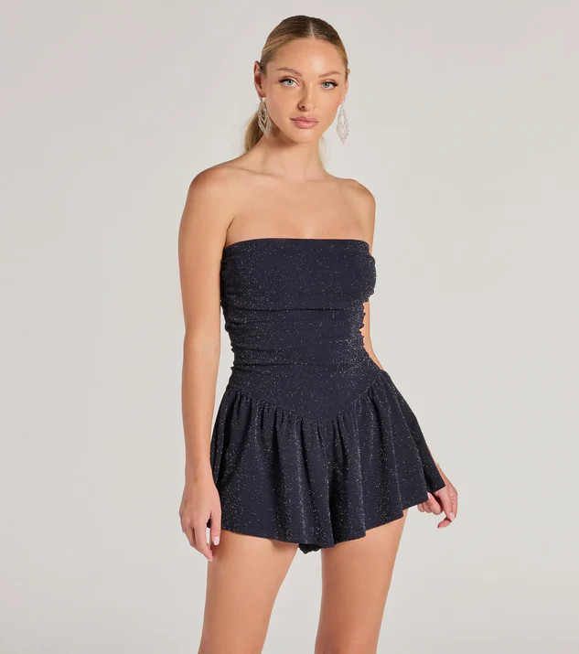 Sparkly Mood Glitter Drop Waist Skater Romper | Windsor Stores