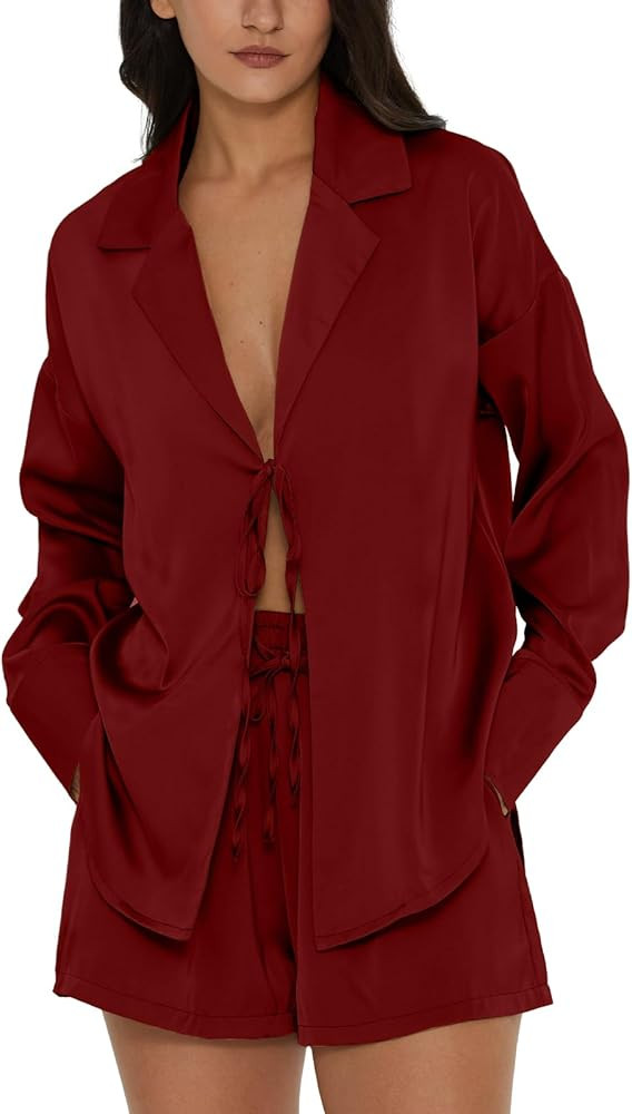 DEEP SELF Women's Silk Pajama Sets Tie Front Long Sleeve Shirts and Shorts Satin Pj Set Soft Two ... | Amazon (US)