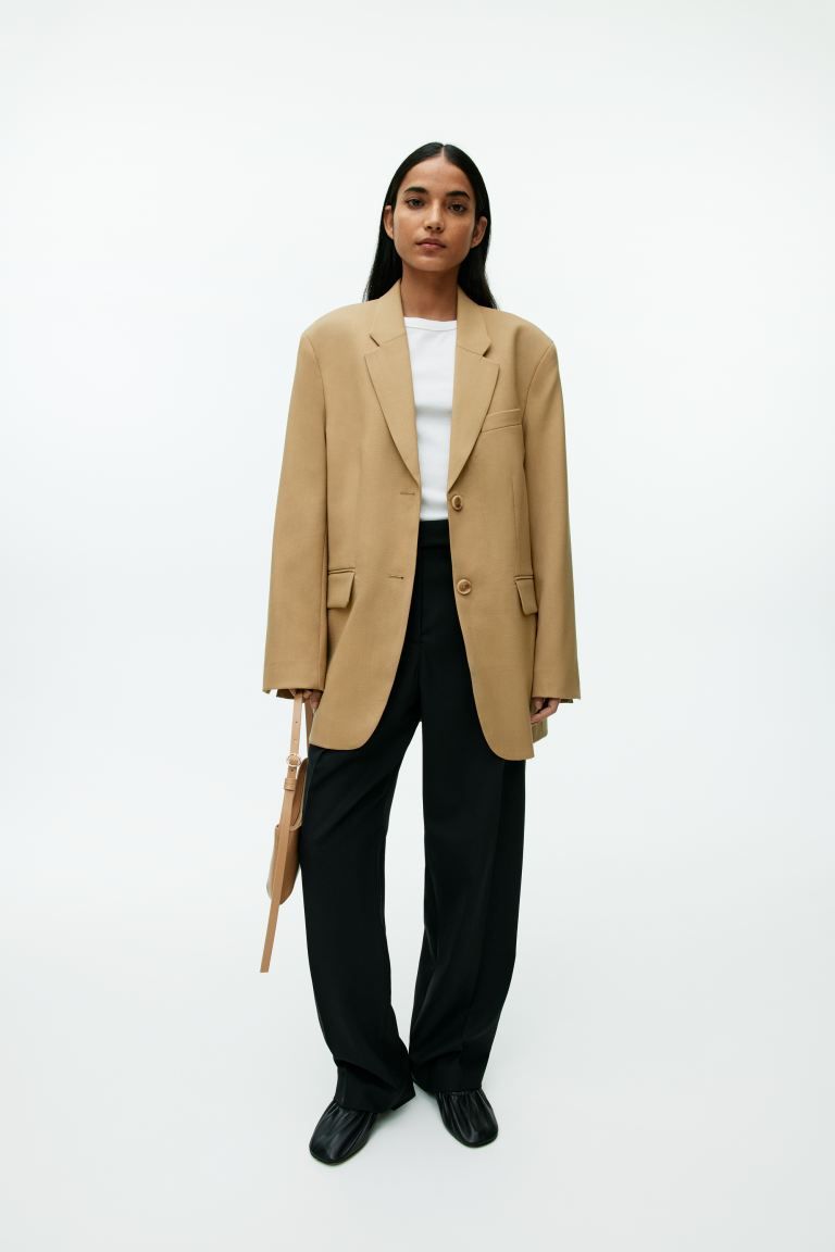 Oversized Wool Hopsack Blazer - Long sleeve - Long - Dark Beige - Ladies | H&M GB | H&M (UK, MY, IN, SG, PH, TW, HK)