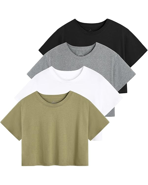 Cosy Pyro 4-Pack Women's Cotton Crop T-Shirts Short Sleeve Solid Cropped Athletic Top Round Neck ... | Amazon (CA)