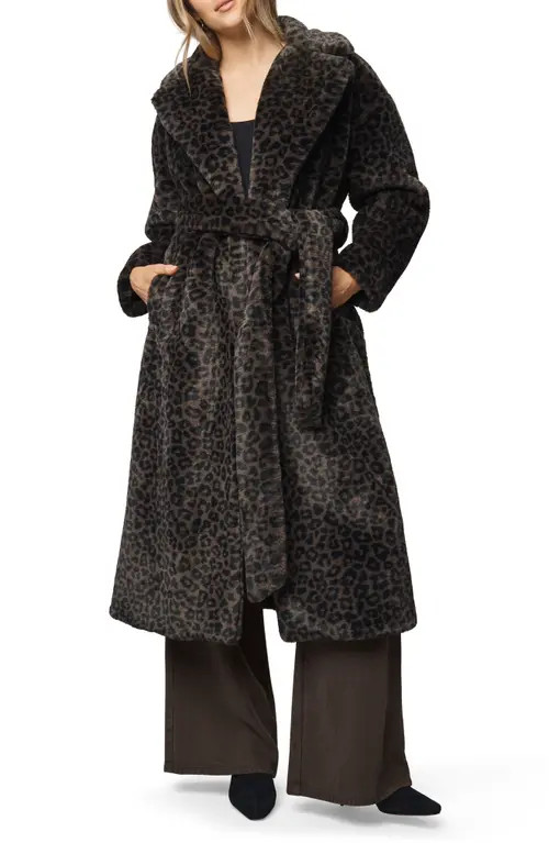 Splendid Lucia Tie Waist Long Faux Fur Coat in Brown Leopard Print at Nordstrom, Size Small | Nordstrom