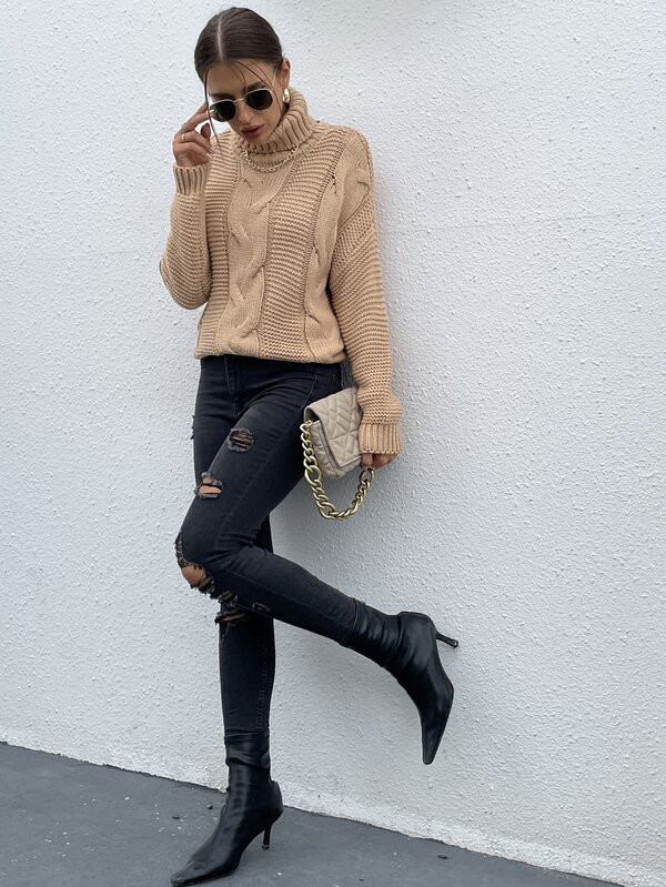 Turtleneck Cable Knit Drop Shoulder Sweater | SHEIN