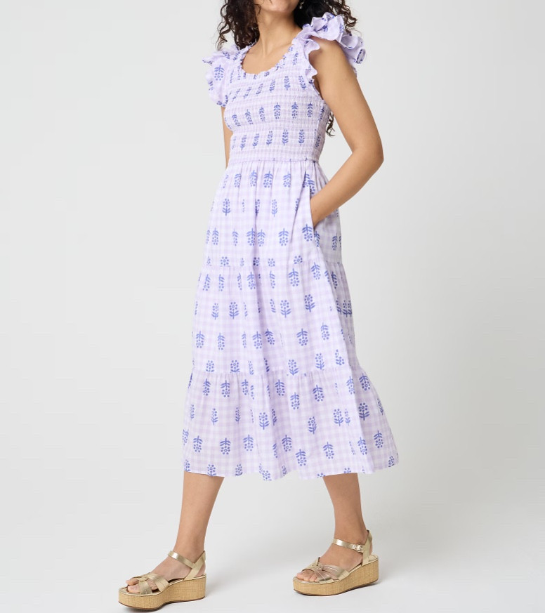 Purple patterned ruffle sleeve smocked midi dress
Easter dress 

#LTKSeasonal #LTKSaleAlert