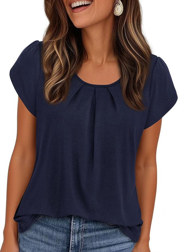 PRETTYGARDEN Womens Tops Dressy Casual Summer 2026 Short Sleeve Blouses Crew Neck Pleated Basic T... | Amazon (US)