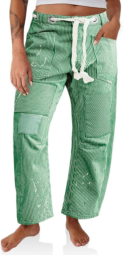 PLNOTME Womens Baggy Barrel Horseshoe Jeans Wide Leg Patchwork Low Rise Denim Pants with Pockets | Amazon (US)