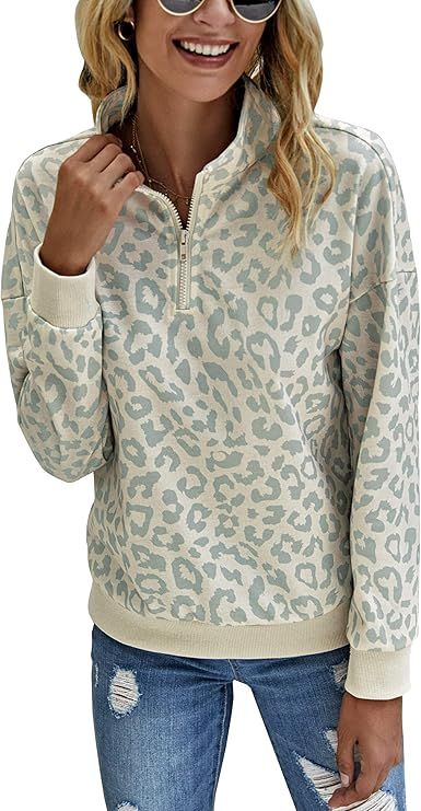 ECOWISH Womens Leopard Sweatshirt Lightweight Zipper Long Sleeve Casual Ladies Sweatshirts Pullov... | Amazon (US)