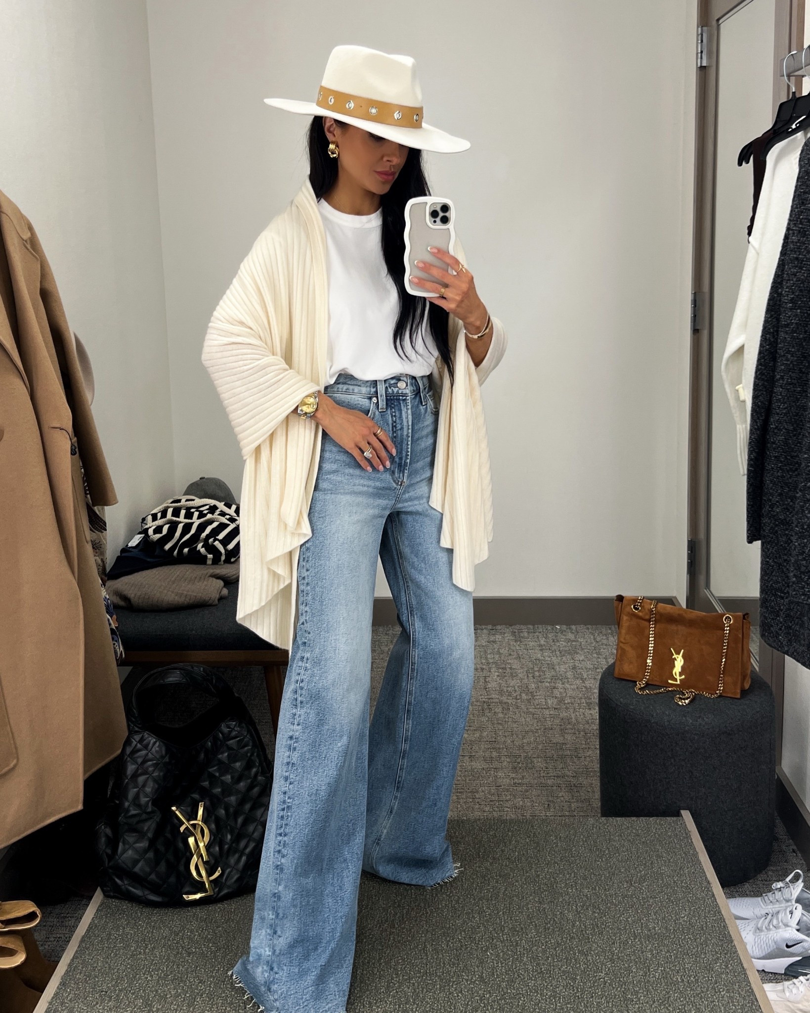 Nordstrom anniversary sale 2025
Fall outfit ideas 
Nordstrom ivory wrap 
Nordstrom white tee wearing an XS
Pistola lana wide leg jeans  - wearing a 24
Nordstrom wool hat
#nordstrom #nsale 

#LTKSeasonal #LTKFindsUnder100 #LTKSaleAlert