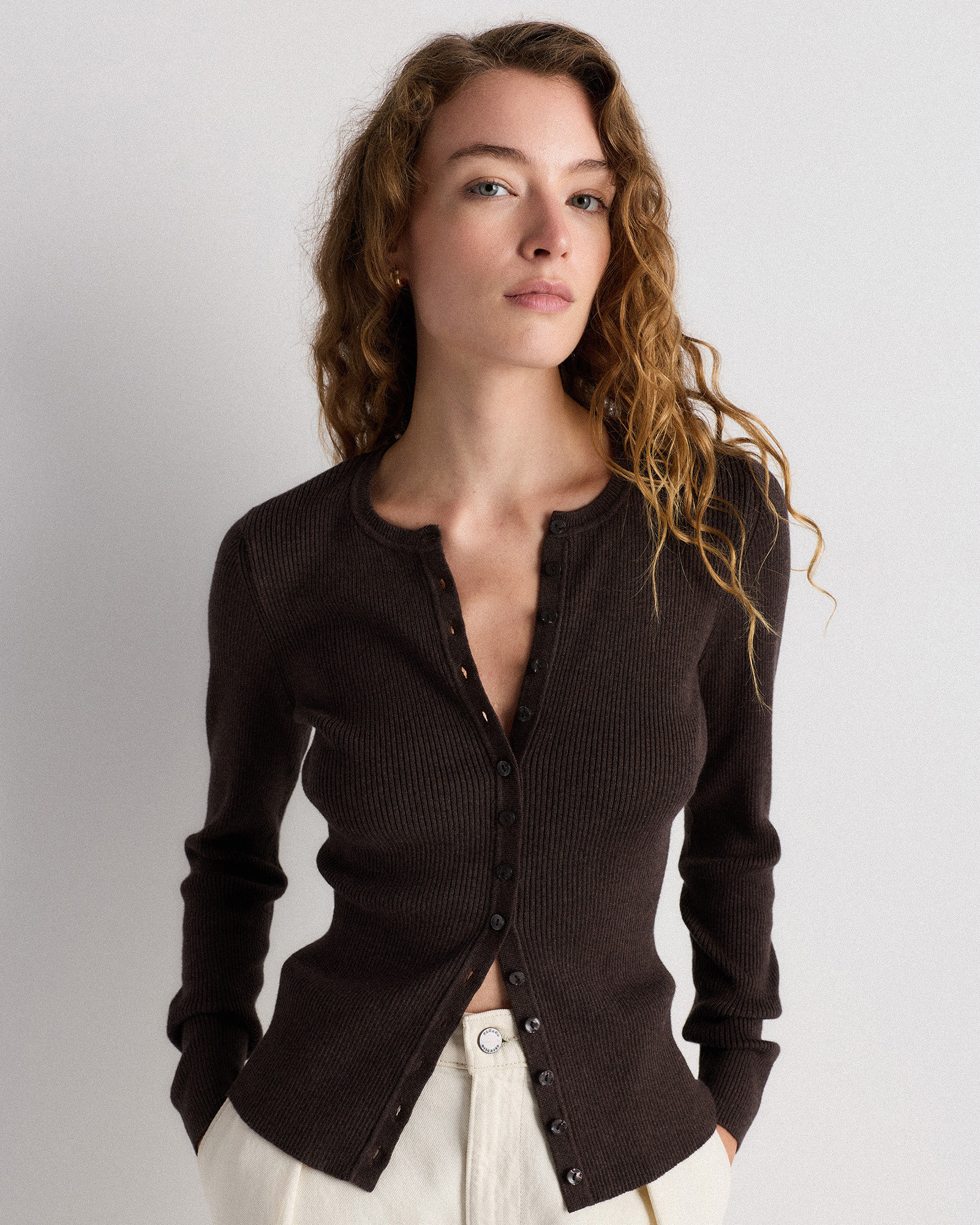 Quince | Women's Cotton Cashmere Fitted Ribbed Cardigan Sweater in Heather Charcoal, Size Small | Quince