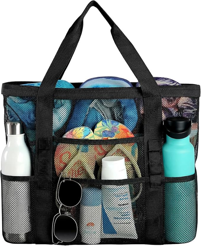 Beach Bag - Mesh Beach Bag Large 8 Pockets, Beach Tote Bag Beach Essentials for Vacation Must Hav... | Amazon (US)