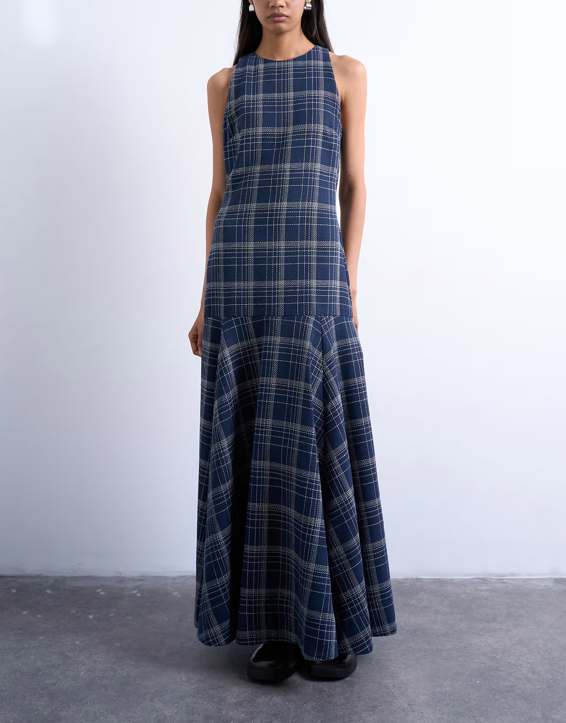 Topshop dropped waist full circle hem midi dress in navy plaid | ASOS | ASOS (Global)