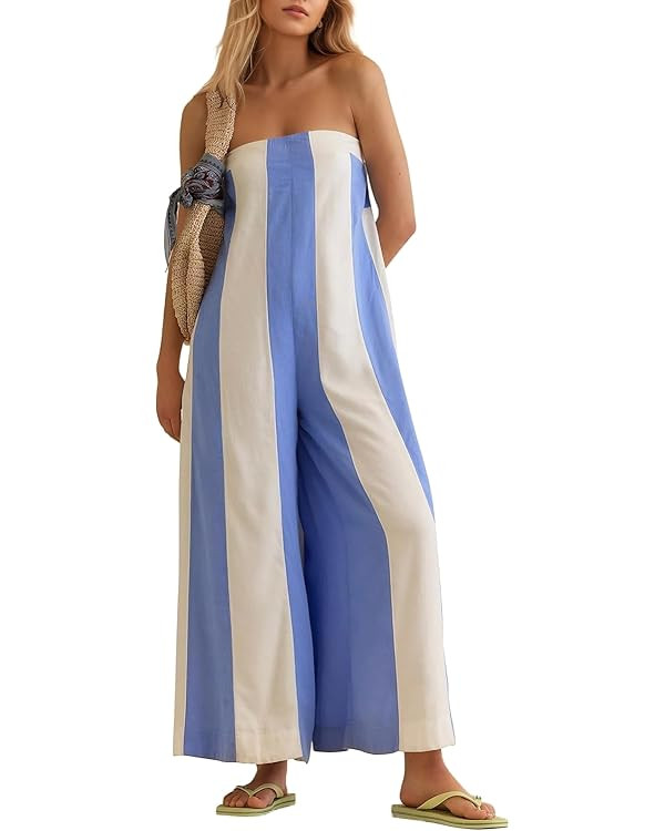 Striped Wide Leg Jumpsuits for Women Summer Beach Strapless Long Romper Sleeveless Off Shoulder O... | Amazon (US)