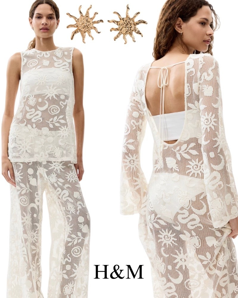 H&M new arrivals, crochet beach cover up, pants, top, dress, white, beach, pool, vacation, resort, gold sun earrings.

#LTKTravel #LTKSwim #LTKootd
