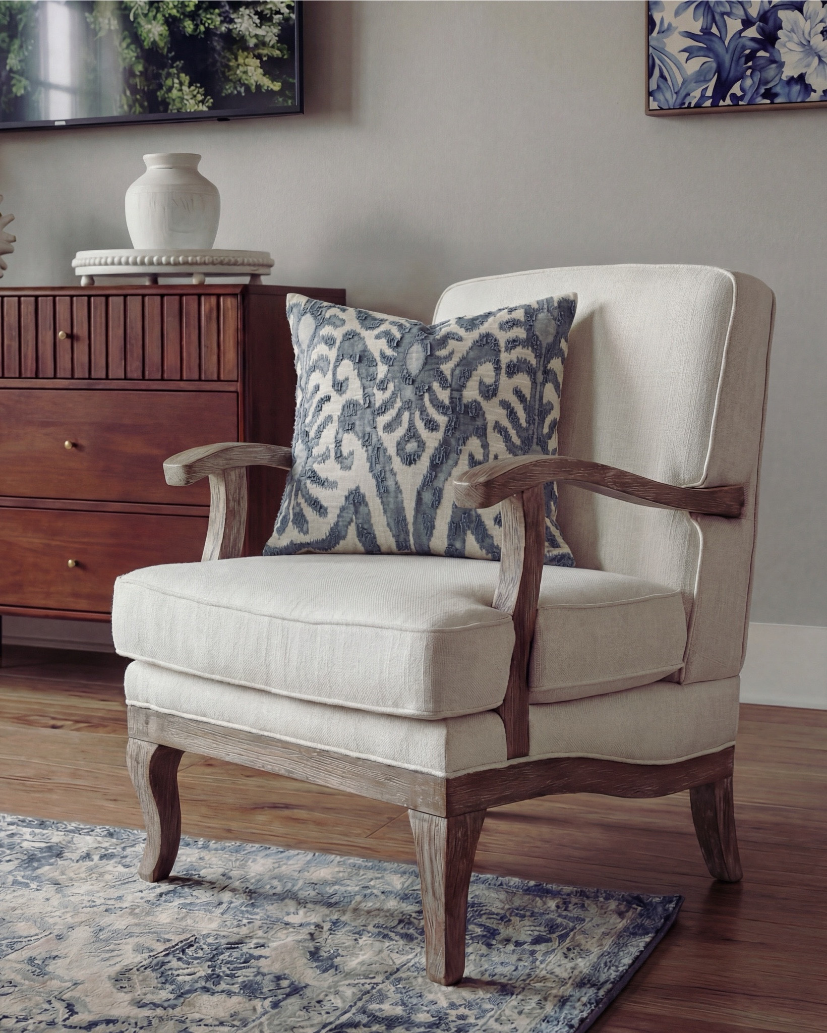 Shop the Look: Bedroom Refresh
• Upholstered bed frame (soft ivory fabric)
• Neutral bedding set (white and light beige)
• Brown throw blanket (plush or wool)
• Blue and ivory accent pillow
• Wood nightstands with drawers (warm oak tone)
• Ceramic table lamps (white base, white shade)
• Blue glass decorative vases
• Framed blue-and-white botanical wall art (set of three)
• Upholstered bench with fluted wood base
• Traditional patterned blue area rug 
• Floor-length neutral curtains
• Wood ceiling beams (natural stained finish)
• Brass decor bowl all catch
• White and blue decor beads 
Blue knitted throw blanket
•wood dresser
•white pedestal bowl
•white terracotta lamp
•round white table decor
•white terracotta vase
•white upholstered wood accent chair
•white terracotta pedestal bowl


#LTKSaleAlert

#LTKsale #LTKhome