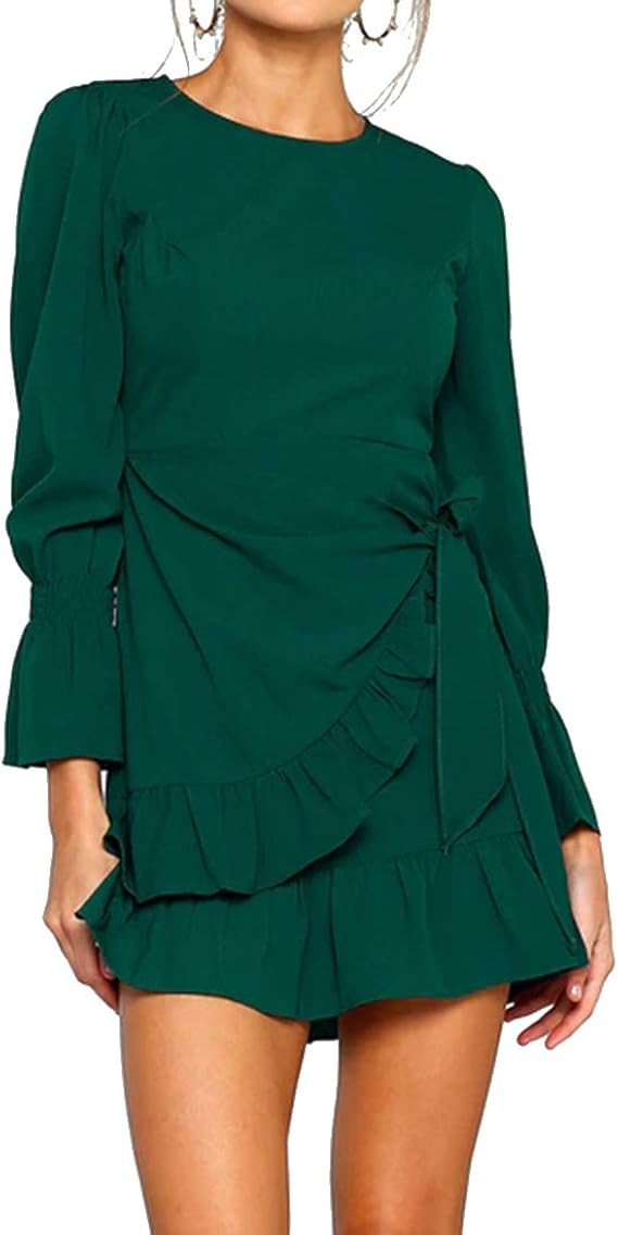 WEEPINLEE Womens Long Sleeve Round Neck Ruffles Wrap Dresses Party Dress | Amazon (US)