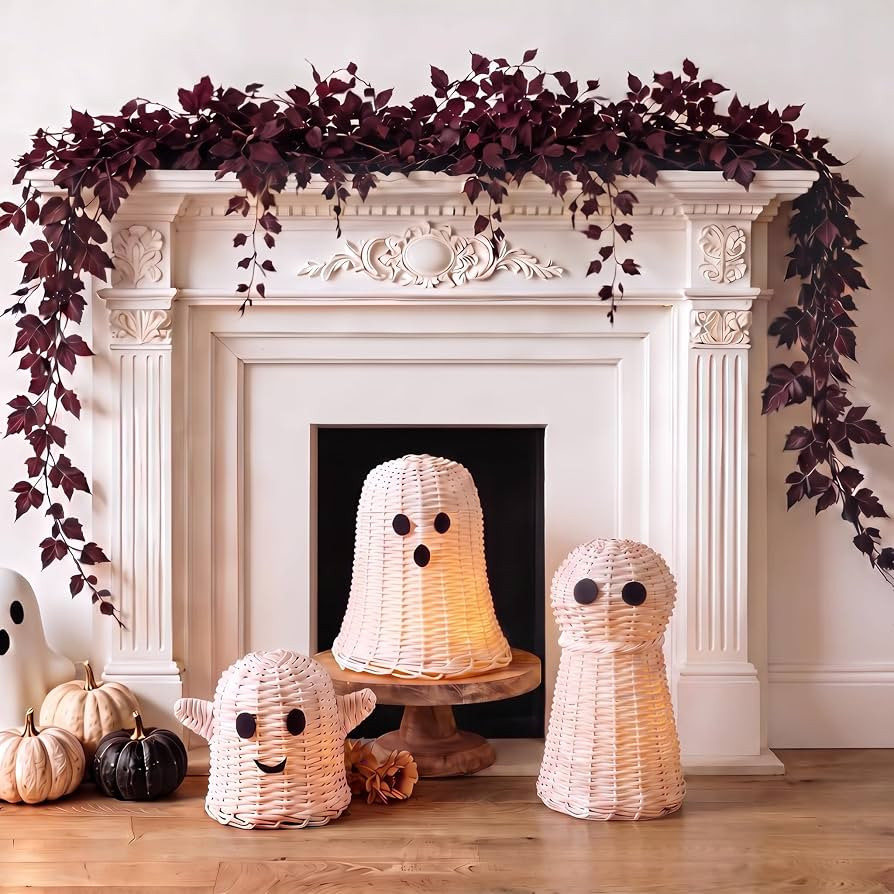 Thyle 3 Pcs Halloween Wicker Ghost Decor, White Rattan Ghost Figurines | Amazon (US)
