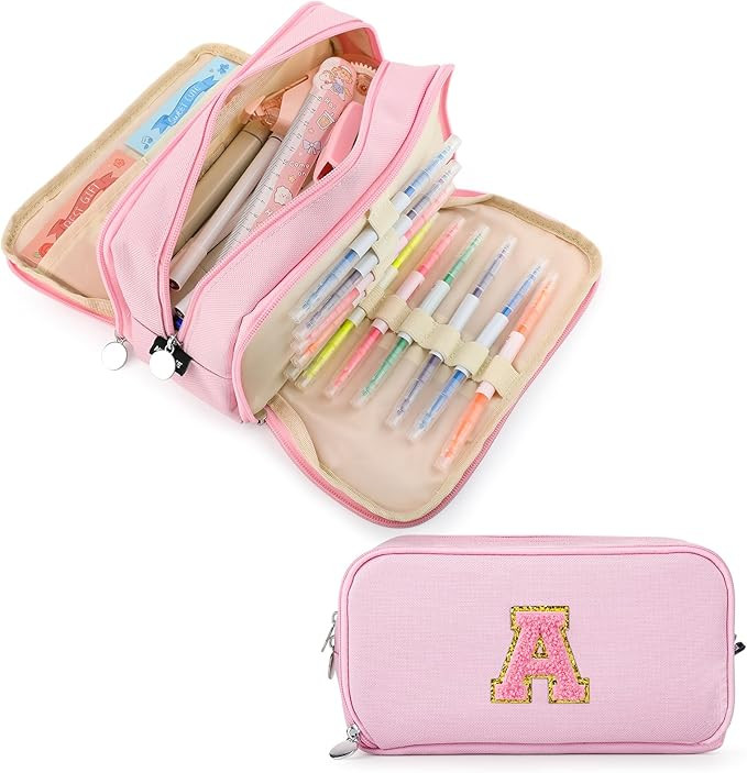 Extra Large Capacity Pencil Case 3 Compartment Initial Pencil Pouch Personalized Cute Aesthetic S... | Amazon (US)
