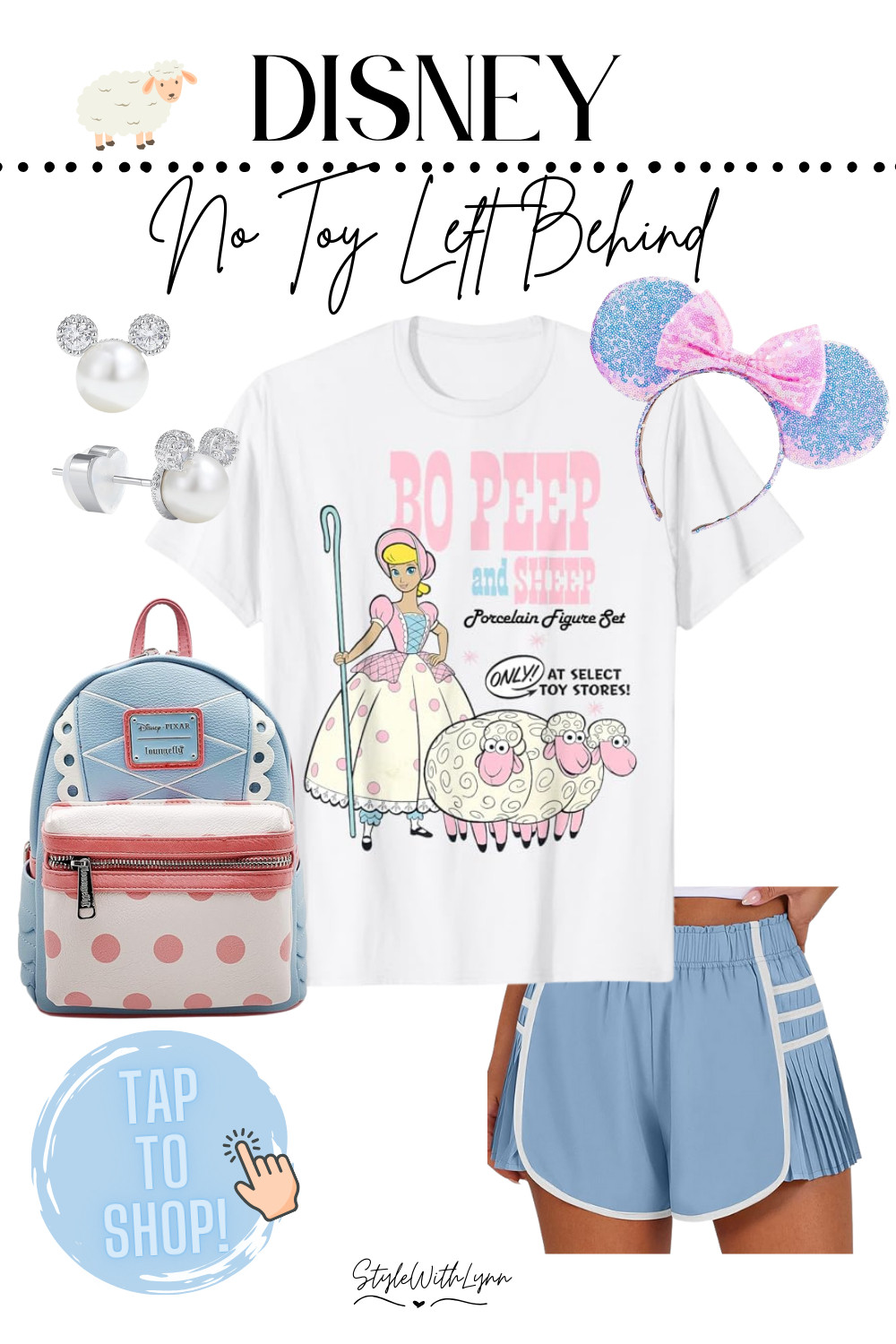  Get ready to turn heads in the parks with this adorable Bo Peep-inspired Disney outfit, perfect for your next Disney World vacation. This Toy Story look blends comfort and cuteness with a vintage-style Bo Peep graphic tee, pastel sparkle Minnie ears, a polka dot Loungefly backpack, pearl Mickey stud earrings, and light blue athletic shorts that are both flattering and functional for park hopping. Whether you're bounding as Bo or just love soft, feminine Disney style, this outfit brings all the magic with a nod to everyone’s favorite porcelain shepherdess. 

 