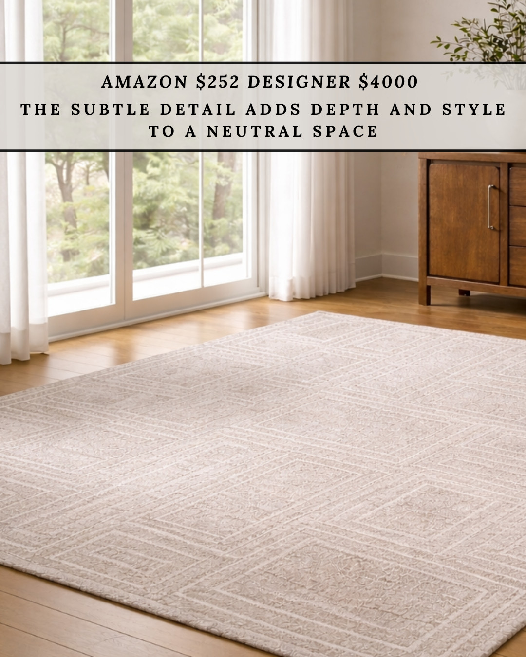 A TEXTURED NEUTRAL RUG is one of the easiest ways to add depth and warmth to a room. The subtle pattern keeps the space light and timeless while still giving it that designer layered look. Amazon offers this style around $252, while similar designer rugs can be close to $4000.

#Amazon #TheHillaryStyle #AmazonHome #DesignerLookForLess #LuxuryForLess #LivingRoomInspo #NeutralHomeStyle #ModernLuxury #HomeUpgrade #AmazonFinds 

 #LTKU #LTKOver40 #LTKHome