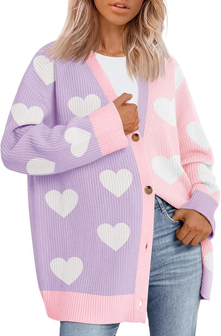 Saodimallsu Womens Heart Cardigan Sweaters Valentines Oversized Winter Color Block Button Up Cute... | Amazon (US)