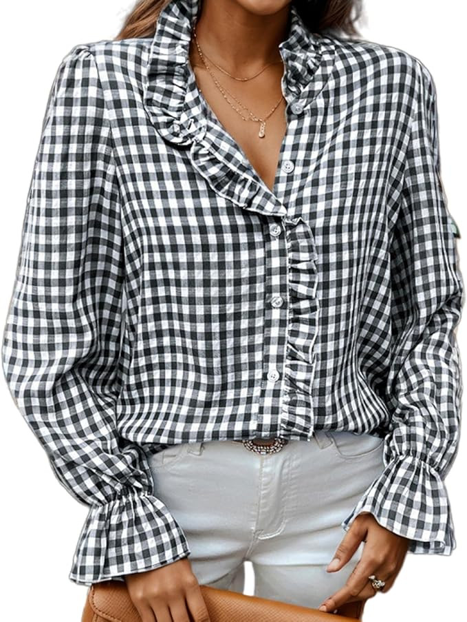 Women Plaid Ruffled Trim Stand Collar Tops Dressy Casual Long Sleeve Button Down Shirt Blouses | Amazon (US)
