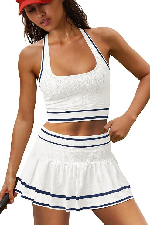 LAMISSCHE Seamless Athletic Skirt Set Square Neck Tank Pleated Skort Set | Contrast Piping, Halte... | Amazon (US)
