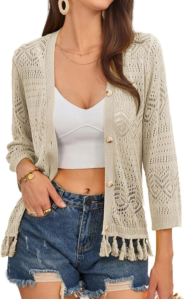 GRACE KARIN Women Fringed Cardigan 2024 Boho Hollowed Out Crochet Knit Shrug 3/4 Sleeve V-Neck Ca... | Amazon (US)