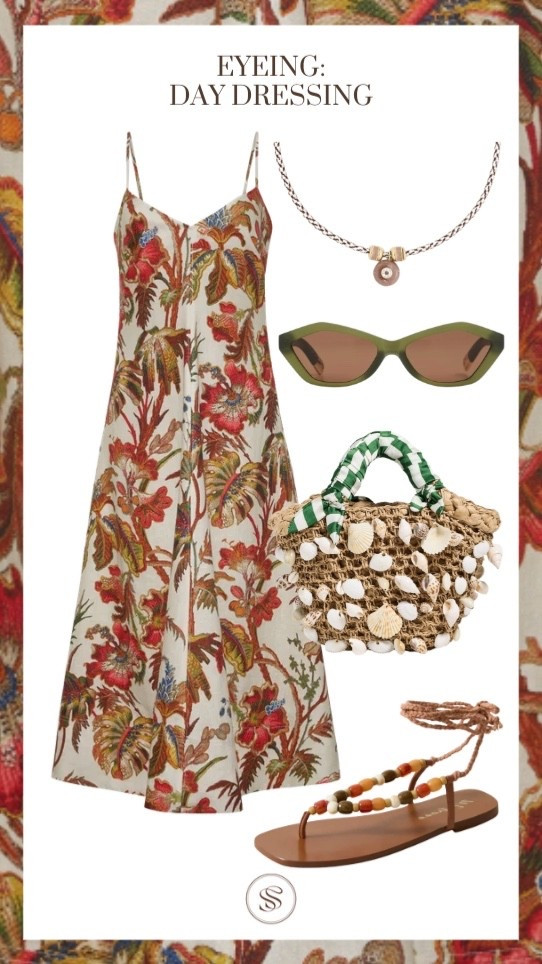 Summer dress
Daytime summer outfit 
Wrap sandals
Shell bag