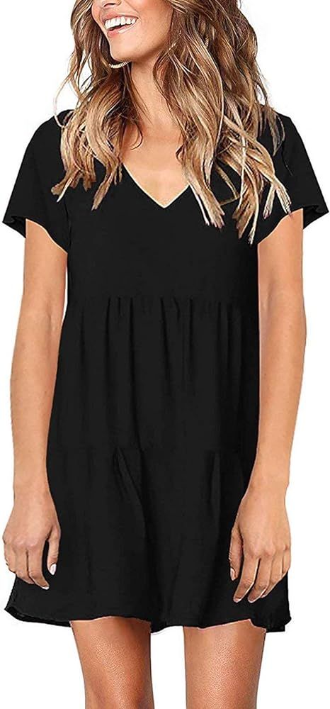 MISSLOOK Women's Short Sleeve Tunic Dress V Neck Ruffle Loose Mini Dress Swing Shift Dresses | Amazon (US)