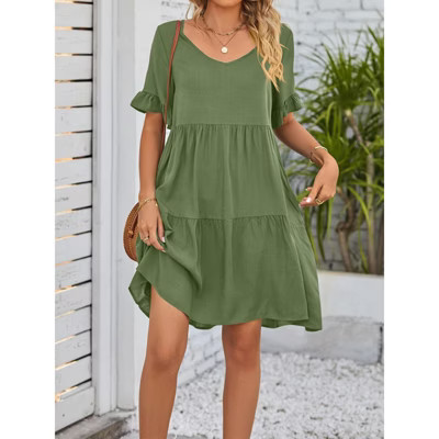 Summer Babydoll Dresses for Women 2025 Cute Ruffle Cap Sleeve V-Neck Flowy Swing Dress Army Green M | Target