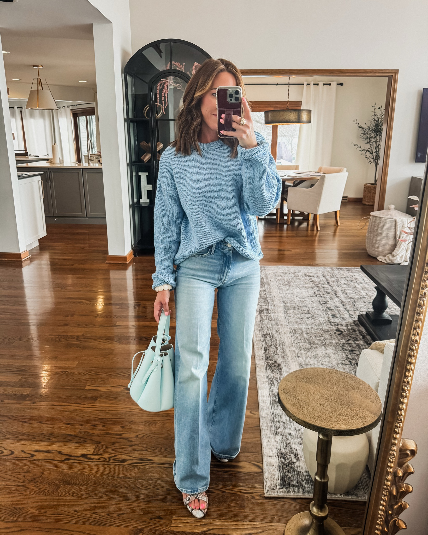 Mixing shades of blue. 
Snakeskin kitten heel sandals. 
XS sweater
Heels tts
Jeans tts, 25 regular 

#LTKSeasonal #LTKOver40 #LTKootd
