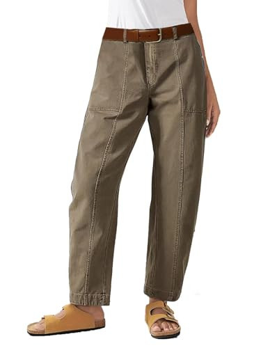 Flamingals Women’s Mid Waist Carrot Straight Leg Pants Casual Fashion Trendy Stitch Detail Crop Pants Light Khaki L | Amazon (US)
