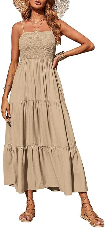 PRETTYGARDEN Women's Summer Maxi Dress 2026 Casual Boho Sleeveless Spaghetti Strap Smocked Tiered... | Amazon (US)