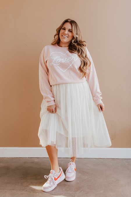 curvy Valentine look! wearing size large in pink Lover pullover and size large in tulle skirt 

#LTKSeasonal #LTKcurves #LTKunder50