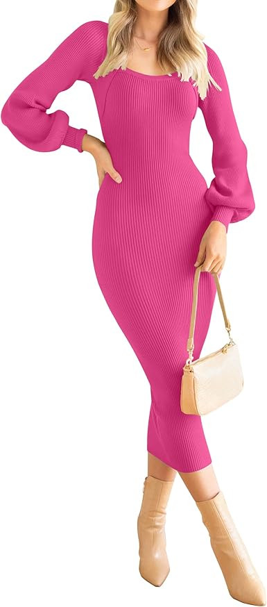 ZESICA Women's 2025 Square Neck Ribbed Knit Dress Puff Long Sleeve Slim Fit Bodycon Fall Winter P... | Amazon (US)