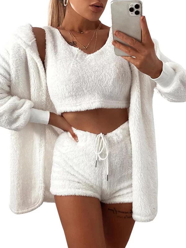 LilyLLL Women Teddy Fleece Crop Top+Shorts+Cardigan 3Pcs Set Loungewear Tracksuit Sleepwear | Walmart (US)