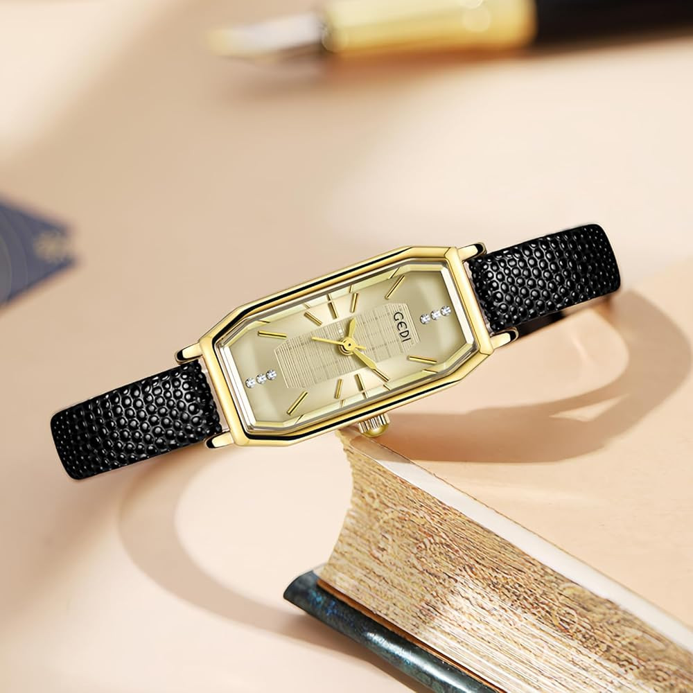 CARLIEN Women's Small Gold Vintage Dainty Rhinestone Rectangular Quartz Watch Slim Leather Band Waterproof Analog Wristwatch for Women | Amazon (US)
