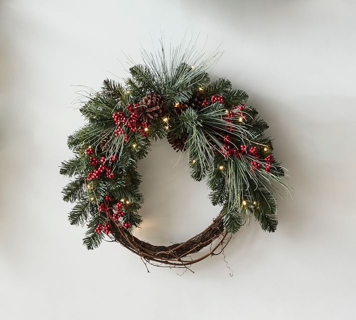 Pre-Lit Faux Red Berry & Pine Wreath | Pottery Barn (US)