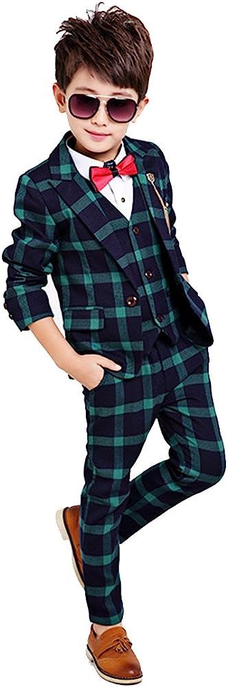 Gele Boy 4 Pieces Plaid Formal Suit Set,Vest+Pants+Blazer+Bow Tie | Amazon (US)