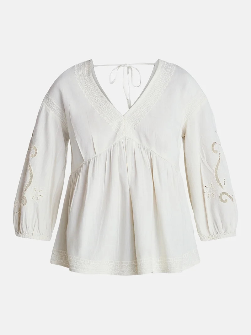 Time and Tru Women's Long Sleeve Poet Sleeve Broderie Anglaise Top, Sizes XS-XXXL | Walmart (US)