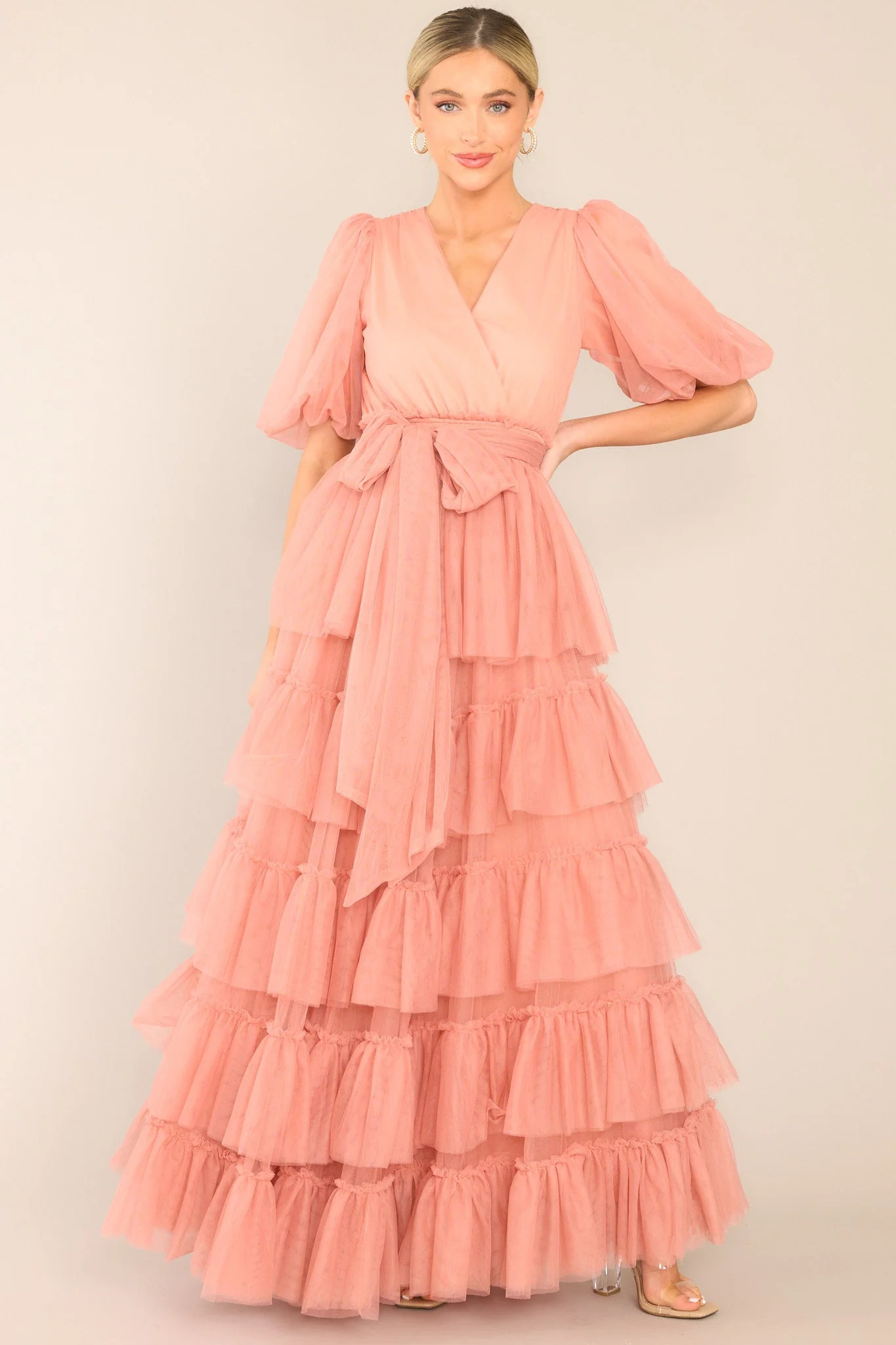 A Beautiful Feeling Rose Pink Tiered Tulle Maxi Dress | Red Dress