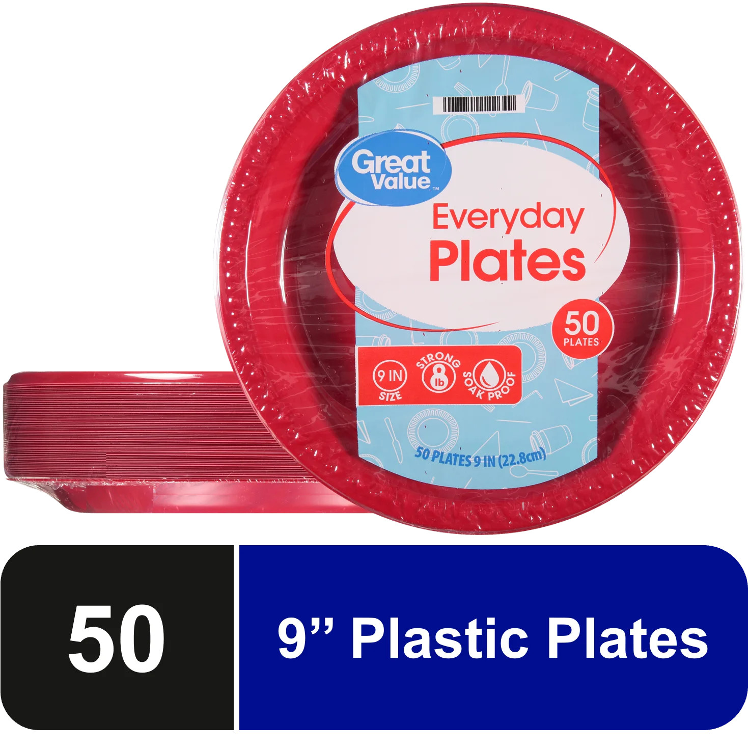 Great Value Everyday Disposable Plastic Plates, Red, 9", 50 Count | Walmart (US)