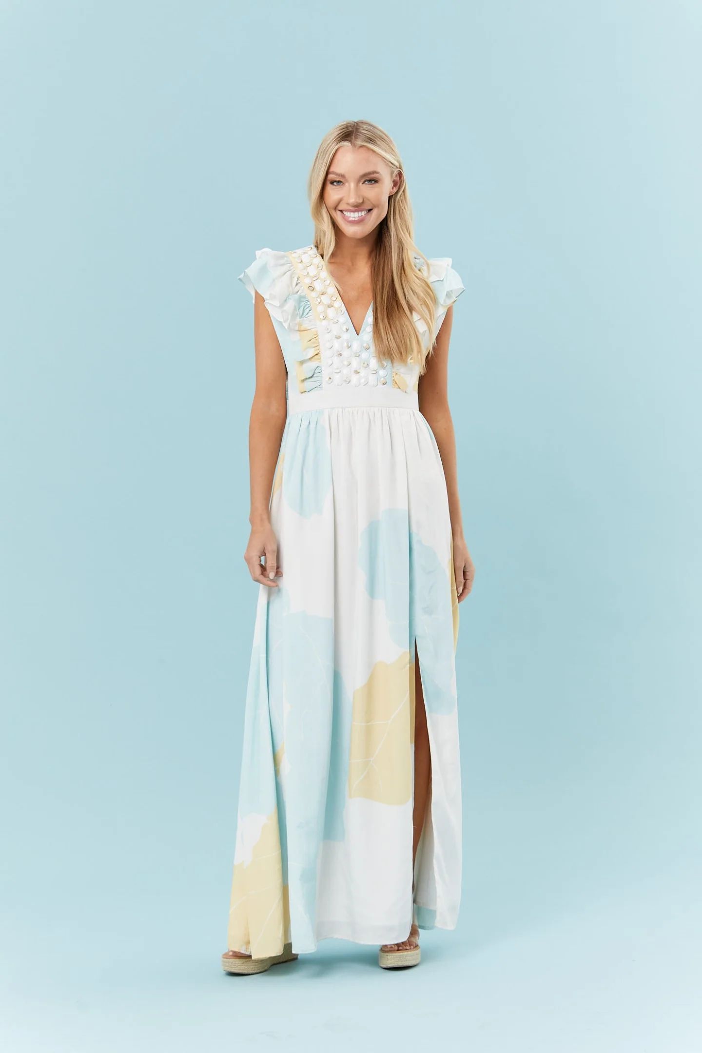 Stacey Dress in Soft Blue Palms | Sheridan French