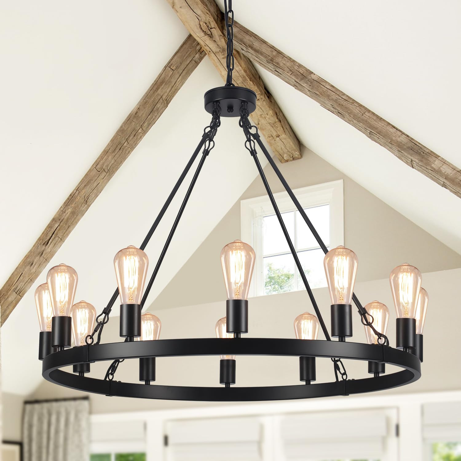 12 Lights Wagon Wheel Chandelier,32 Inch Black Farmhouse Chandelier Dining Room Light Fixture, In... | Amazon (CA)