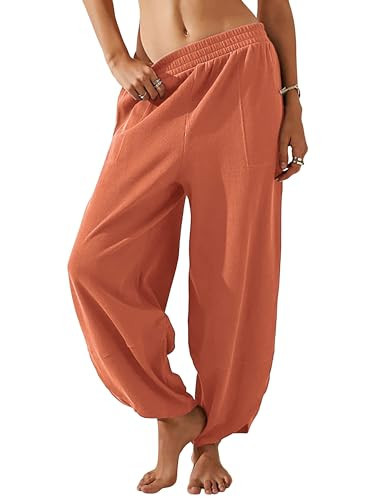 Himosyber Women Cotton Pants Wide Leg Pants Casual Loose Baggy Elastic Waist Beach Palazzo Harem Pants (Orange-XXL) | Amazon (US)