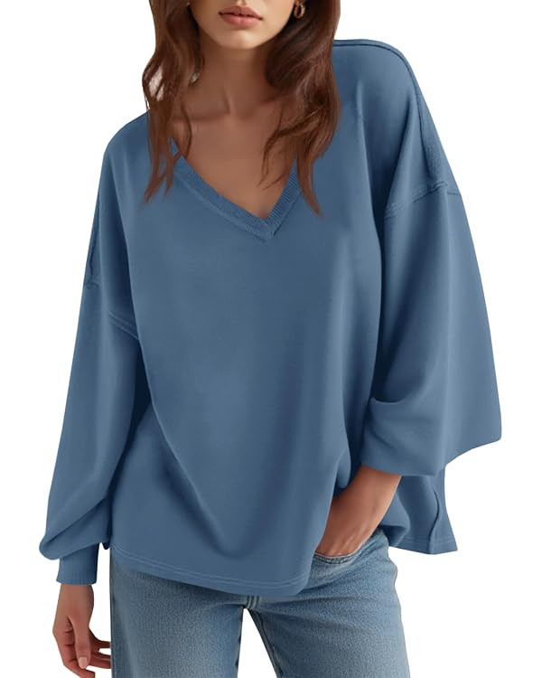 Fisoew Womens Oversized Sweatshirts Casual V Neck Lantern Long Sleeve Shirts Loose Fall Tunics Pu... | Amazon (US)