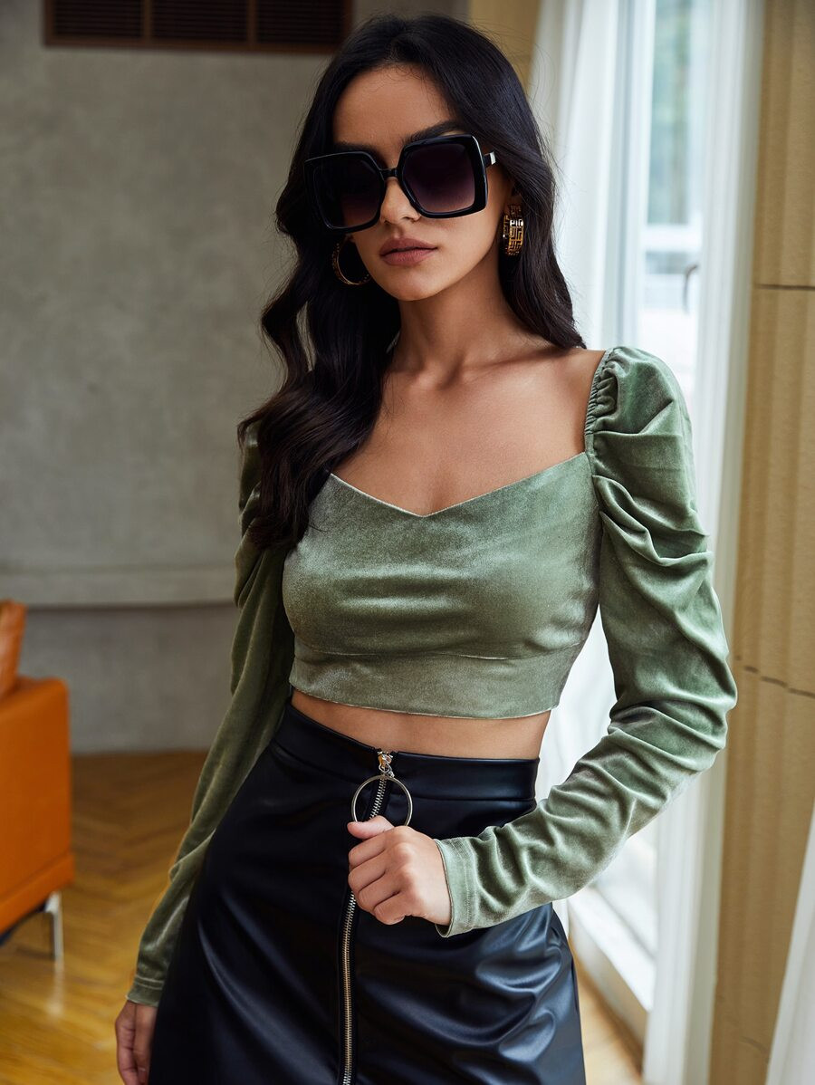 SHEIN Sweetheart Neck Leg-of-mutton Sleeve Crop Top | SHEIN