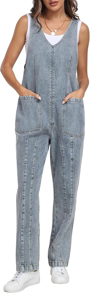 ANRABESS Women Denim Overalls Sleeveless V Neck Casual Jean Pants Jumpsuits Loose Baggy Jumper Fa... | Amazon (US)